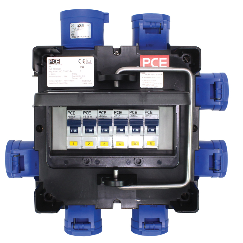 PCE Distribution Box 32A 240V In, 6 x 16A 240V Out