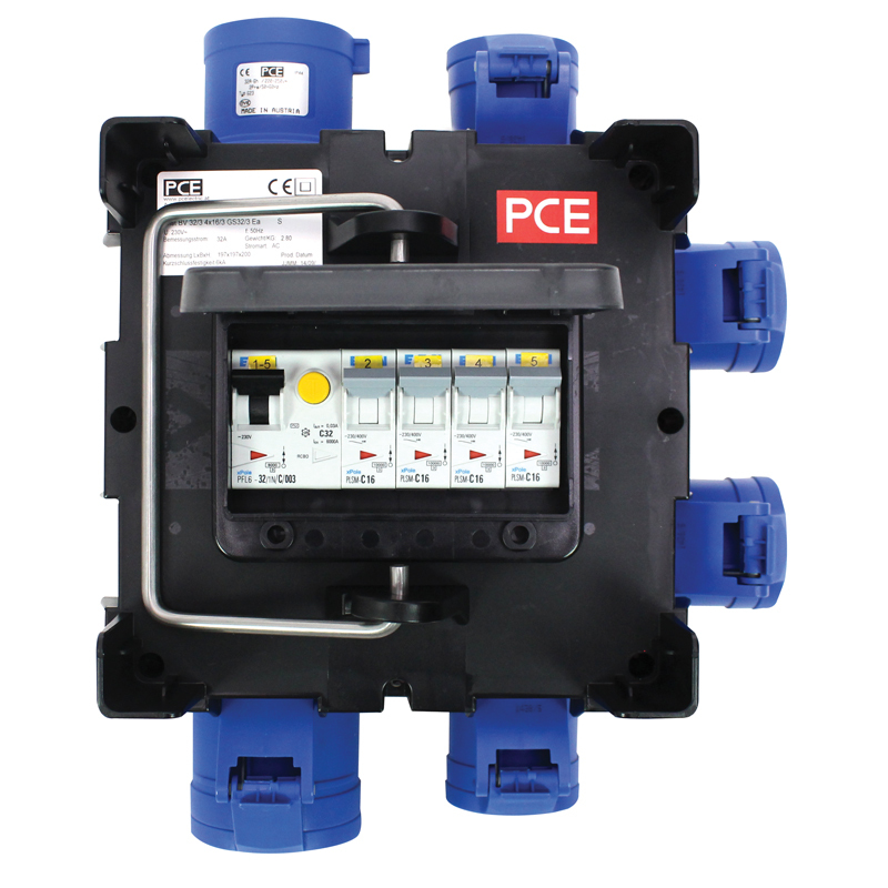 PCE Distribution Box 32A 240V In, 4 x 16A + 1 x 32A 240V Out
